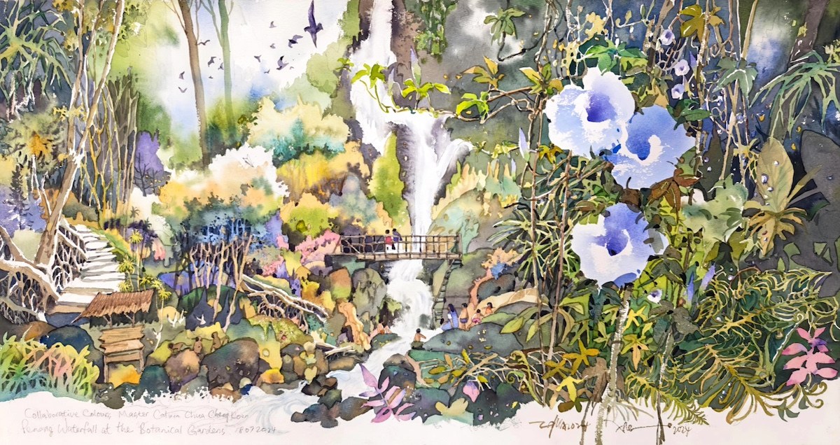 Collaborative Colours - Master Calvin Chua Cheng Koon - Penang Waterfall at the Botanical Gardens by Alex Leong